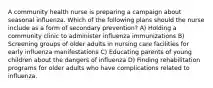 A community health nurse is preparing a campaign about seasonal influenza. Which of the following plans should the nurse include as a form of secondary prevention? A) Holding a community clinic to administer influenza immunizations B) Screening groups of older adults in nursing care facilities for early influenza manifestations C) Educating parents of young children about the dangers of influenza D) Finding rehabilitation programs for older adults who have complications related to influenza.