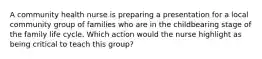 A community health nurse is preparing a presentation for a local community group of families who are in the childbearing stage of the family life cycle. Which action would the nurse highlight as being critical to teach this group?