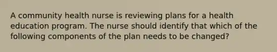 A community health nurse is reviewing plans for a health education program. The nurse should identify that which of the following components of the plan needs to be changed?