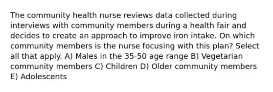 The community health nurse reviews data collected during interviews with community members during a health fair and decides to create an approach to improve iron intake. On which community members is the nurse focusing with this plan? Select all that apply. A) Males in the 35-50 age range B) Vegetarian community members C) Children D) Older community members E) Adolescents