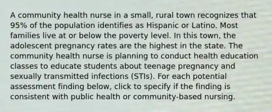 A community health nurse in a small, rural town recognizes that 95% of the population identifies as Hispanic or Latino. Most families live at or below the poverty level. In this town, the adolescent pregnancy rates are the highest in the state. The community health nurse is planning to conduct health education classes to educate students about teenage pregnancy and sexually transmitted infections (STIs). For each potential assessment finding below, click to specify if the finding is consistent with public health or community-based nursing.