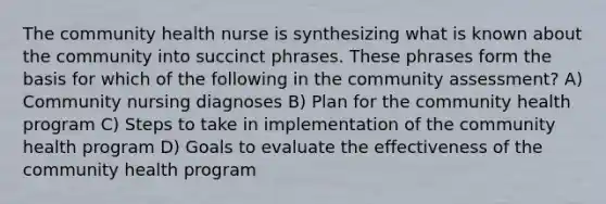 The community health nurse is synthesizing what is known about the community into succinct phrases. These phrases form the basis for which of the following in the community assessment? A) Community nursing diagnoses B) Plan for the community health program C) Steps to take in implementation of the community health program D) Goals to evaluate the effectiveness of the community health program