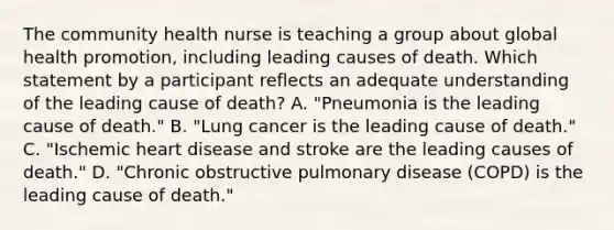 The community health nurse is teaching a group about global health promotion, including leading causes of death. Which statement by a participant reflects an adequate understanding of the leading cause of death? A. "Pneumonia is the leading cause of death." B. "Lung cancer is the leading cause of death." C. "Ischemic heart disease and stroke are the leading causes of death." D. "Chronic obstructive pulmonary disease (COPD) is the leading cause of death."