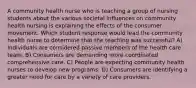 A community health nurse who is teaching a group of nursing students about the various societal influences on community health nursing is explaining the effects of the consumer movement. Which student response would lead the community health nurse to determine that the teaching was successful? A) Individuals are considered passive members of the health care team. B) Consumers are demanding more coordinated comprehensive care. C) People are expecting community health nurses to develop new programs. D) Consumers are identifying a greater need for care by a variety of care providers.