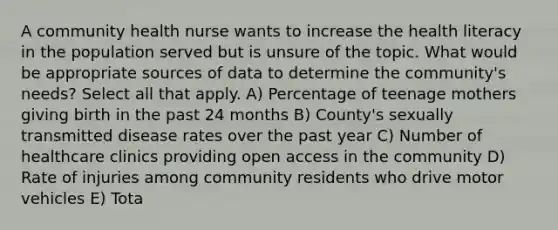 A community health nurse wants to increase the health literacy in the population served but is unsure of the topic. What would be appropriate sources of data to determine the community's needs? Select all that apply. A) Percentage of teenage mothers giving birth in the past 24 months B) County's sexually transmitted disease rates over the past year C) Number of healthcare clinics providing open access in the community D) Rate of injuries among community residents who drive motor vehicles E) Tota