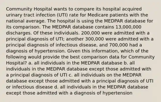 Community Hospital wants to compare its hospital acquired urinary tract infection (UTI) rate for Medicare patients with the national average. The hospital is using the MEDPAR database for its comparison. The MEDPAR database contains 13,000,000 discharges. Of these individuals. 200,000 were admitted with a principal diagnosis of UTI; another 300,000 were admitted with a principal diagnosis of infectious disease, and 700,000 had a diagnosis of hypertension. Given this information, which of the following would provide the best comparison data for Community Hospital? a. all individuals in the MEDPAR database b. all individuals in the MEDPAR database except those admitted with a principal diagnosis of UTI c. all individuals on the MEDPAR database except those admitted with a principal diagnosis of UTI or infectious disease d. all individuals in the MEDPAR database except those admitted with a diagnosis of hypertension