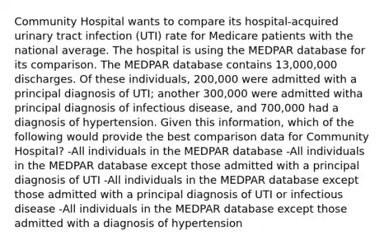 Community Hospital wants to compare its hospital-acquired urinary tract infection (UTI) rate for Medicare patients with the national average. The hospital is using the MEDPAR database for its comparison. The MEDPAR database contains 13,000,000 discharges. Of these individuals, 200,000 were admitted with a principal diagnosis of UTI; another 300,000 were admitted witha principal diagnosis of infectious disease, and 700,000 had a diagnosis of hypertension. Given this information, which of the following would provide the best comparison data for Community Hospital? -All individuals in the MEDPAR database -All individuals in the MEDPAR database except those admitted with a principal diagnosis of UTI -All individuals in the MEDPAR database except those admitted with a principal diagnosis of UTI or infectious disease -All individuals in the MEDPAR database except those admitted with a diagnosis of hypertension