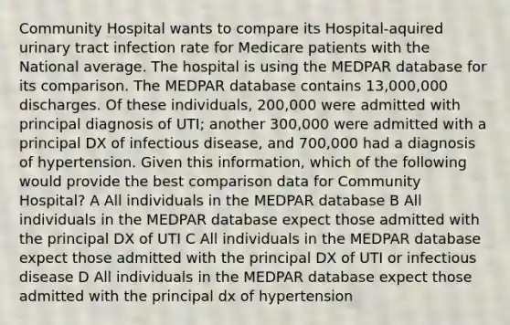 Community Hospital wants to compare its Hospital-aquired urinary tract infection rate for Medicare patients with the National average. The hospital is using the MEDPAR database for its comparison. The MEDPAR database contains 13,000,000 discharges. Of these individuals, 200,000 were admitted with principal diagnosis of UTI; another 300,000 were admitted with a principal DX of infectious disease, and 700,000 had a diagnosis of hypertension. Given this information, which of the following would provide the best comparison data for Community Hospital? A All individuals in the MEDPAR database B All individuals in the MEDPAR database expect those admitted with the principal DX of UTI C All individuals in the MEDPAR database expect those admitted with the principal DX of UTI or infectious disease D All individuals in the MEDPAR database expect those admitted with the principal dx of hypertension