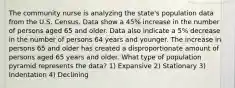 The community nurse is analyzing the state's population data from the U.S. Census. Data show a 45% increase in the number of persons aged 65 and older. Data also indicate a 5% decrease in the number of persons 64 years and younger. The increase in persons 65 and older has created a disproportionate amount of persons aged 65 years and older. What type of population pyramid represents the data? 1) Expansive 2) Stationary 3) Indentation 4) Declining