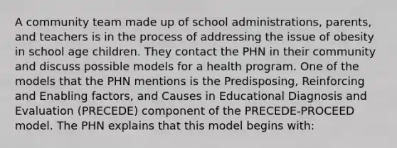 A community team made up of school administrations, parents, and teachers is in the process of addressing the issue of obesity in school age children. They contact the PHN in their community and discuss possible models for a health program. One of the models that the PHN mentions is the Predisposing, Reinforcing and Enabling factors, and Causes in Educational Diagnosis and Evaluation (PRECEDE) component of the PRECEDE-PROCEED model. The PHN explains that this model begins with: