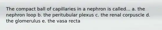 The compact ball of capillaries in a nephron is called... a. the nephron loop b. the peritubular plexus c. the renal corpuscle d. the glomerulus e. the vasa recta