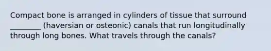 Compact bone is arranged in cylinders of tissue that surround ________ (haversian or osteonic) canals that run longitudinally through long bones. What travels through the canals?