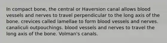 In compact bone, the central or Haversion canal allows <a href='https://www.questionai.com/knowledge/kZJ3mNKN7P-blood-vessels' class='anchor-knowledge'>blood vessels</a> and nerves to travel perpendicular to the long axis of the bone. crevices called lamellae to form blood vessels and nerves. canaliculi outpouchings. blood vessels and nerves to travel the long axis of the bone. Volman's canals.