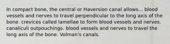 In compact bone, the central or Haversion canal allows... blood vessels and nerves to travel perpendicular to the long axis of the bone. crevices called lamellae to form blood vessels and nerves. canaliculi outpouchings. blood vessels and nerves to travel the long axis of the bone. Volman's canals.