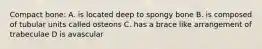 Compact bone: A. is located deep to spongy bone B. is composed of tubular units called osteons C. has a brace like arrangement of trabeculae D is avascular