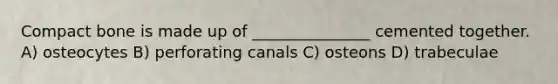 Compact bone is made up of _______________ cemented together. A) osteocytes B) perforating canals C) osteons D) trabeculae