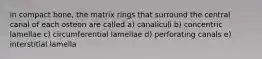 in compact bone, the matrix rings that surround the central canal of each osteon are called a) canaliculi b) concentric lamellae c) circumferential lamellae d) perforating canals e) interstitial lamella