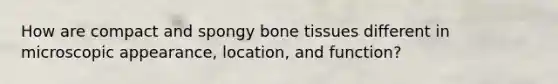 How are compact and spongy bone tissues different in microscopic appearance, location, and function?