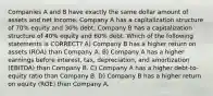 Companies A and B have exactly the same dollar amount of assets and net income. Company A has a capitalization structure of 70% equity and 30% debt; Company B has a capitalization structure of 40% equity and 60% debt. Which of the following statements is CORRECT? A) Company B has a higher return on assets (ROA) than Company A. B) Company A has a higher earnings before interest, tax, depreciation, and amortization (EBITDA) than Company B. C) Company A has a higher debt-to-equity ratio than Company B. D) Company B has a higher return on equity (ROE) than Company A.