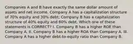 Companies A and B have exactly the same dollar amount of assets and net income. Company A has a capitalization structure of 70% equity and 30% debt; Company B has a capitalization structure of 40% equity and 60% debt. Which one of these statements is CORRECT? I. Company B has a higher ROE than Company A. II. Company B has a higher ROA than Company A. III. Company A has a higher debt-to-equity ratio than Company B.