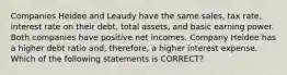 Companies Heidee and Leaudy have the same sales, tax rate, interest rate on their debt, total assets, and basic earning power. Both companies have positive net incomes. Company Heidee has a higher debt ratio and, therefore, a higher interest expense. Which of the following statements is CORRECT?