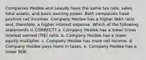 Companies Heidee and Leaudy have the same tax rate, sales, total assets, and basic earning power. Both companies have positive net incomes. Company Heidee has a higher debt ratio and, therefore, a higher interest expense. Which of the following statements is CORRECT? a. Company Heidee has a lower times interest earned (TIE) ratio. b. Company Heidee has a lower equity multiplier. c. Company Heidee has more net income. d. Company Heidee pays more in taxes. e. Company Heidee has a lower ROE.