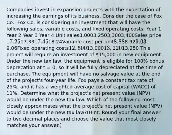 Companies invest in expansion projects with the expectation of increasing the earnings of its business. Consider the case of Fox Co.: Fox Co. is considering an investment that will have the following sales, variable costs, and fixed operating costs: Year 1 Year 2 Year 3 Year 4 Unit sales3,0003,2503,3003,400Sales price17.2517.3317.4518.24Variable cost per unit8.888.929.039.06Fixed operating costs12,50013,00013,22013,250 This project will require an investment of 15,000 in new equipment. Under the new tax law, the equipment is eligible for 100% bonus deprecation at t = 0, so it will be fully depreciated at the time of purchase. The equipment will have no salvage value at the end of the project's four-year life. Fox pays a constant tax rate of 25%, and it has a <a href='https://www.questionai.com/knowledge/koL1NUNNcJ-weighted-average' class='anchor-knowledge'>weighted average</a> <a href='https://www.questionai.com/knowledge/ktReObfIIs-cost-of-capital' class='anchor-knowledge'>cost of capital</a> (WACC) of 11%. Determine what the project's net present value (NPV) would be under the new tax law. Which of the following most closely approximates what the project's net present value (NPV) would be under the new tax law?(Hint: Round your final answer to two decimal places and choose the value that most closely matches your answer.)