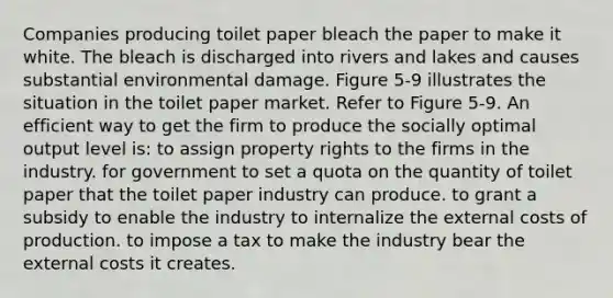 Companies producing toilet paper bleach the paper to make it white. The bleach is discharged into rivers and lakes and causes substantial environmental damage. Figure 5-9 illustrates the situation in the toilet paper market. Refer to Figure 5-9. An efficient way to get the firm to produce the socially optimal output level is: to assign property rights to the firms in the industry. for government to set a quota on the quantity of toilet paper that the toilet paper industry can produce. to grant a subsidy to enable the industry to internalize the external costs of production. to impose a tax to make the industry bear the external costs it creates.