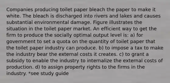 Companies producing toilet paper bleach the paper to make it white. The bleach is discharged into rivers and lakes and causes substantial environmental damage. Figure illustrates the situation in the toilet paper market. An efficient way to get the firm to produce the socially optimal output level is: a) for government to set a quota on the quantity of toilet paper that the toilet paper industry can produce. b) to impose a tax to make the industry bear the external costs it creates. c) to grant a subsidy to enable the industry to internalize the external costs of production. d) to assign property rights to the firms in the industry. *see study guide