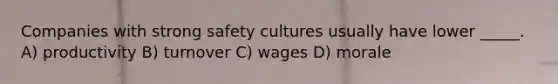 Companies with strong safety cultures usually have lower _____. A) productivity B) turnover C) wages D) morale