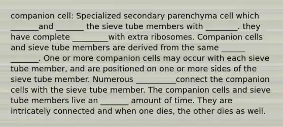 companion cell: Specialized secondary parenchyma cell which _______and _______ the sieve tube members with ________. they have complete _________with extra ribosomes. Companion cells and sieve tube members are derived from the same ______ _______. One or more companion cells may occur with each sieve tube member, and are positioned on one or more sides of the sieve tube member. Numerous __________connect the companion cells with the sieve tube member. The companion cells and sieve tube members live an _______ amount of time. They are intricately connected and when one dies, the other dies as well.