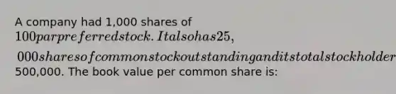 A company had 1,000 shares of 100 par preferred stock. It also has 25,000 shares of common stock outstanding and its total stockholders' equity equals500,000. The book value per common share is: