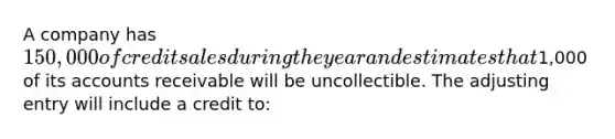 A company has 150,000 of credit sales during the year and estimates that1,000 of its accounts receivable will be uncollectible. The adjusting entry will include a credit to: