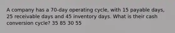 A company has a 70-day operating cycle, with 15 payable days, 25 receivable days and 45 inventory days. What is their cash conversion cycle? 35 85 30 55