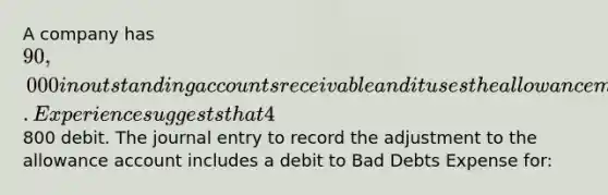 A company has 90,000 in outstanding accounts receivable and it uses the allowance method to account for uncollectible accounts. Experience suggests that 4% of outstanding receivables are uncollectible. The current balance (before adjustments) in the allowance for doubtful accounts is an800 debit. The journal entry to record the adjustment to the allowance account includes a debit to Bad Debts Expense for: