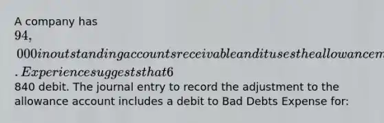 A company has 94,000 in outstanding accounts receivable and it uses the allowance method to account for uncollectible accounts. Experience suggests that 6% of outstanding receivables are uncollectible. The current balance (before adjustments) in the allowance for doubtful accounts is an840 debit. The journal entry to record the adjustment to the allowance account includes a debit to Bad Debts Expense for: