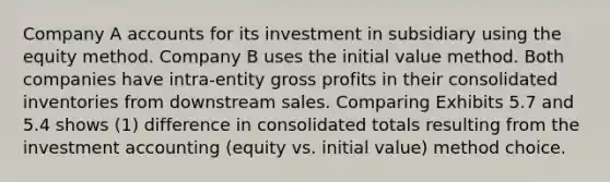 Company A accounts for its investment in subsidiary using the equity method. Company B uses the initial value method. Both companies have intra-entity gross profits in their consolidated inventories from downstream sales. Comparing Exhibits 5.7 and 5.4 shows (1) difference in consolidated totals resulting from the investment accounting (equity vs. initial value) method choice.