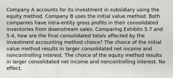 Company A accounts for its investment in subsidiary using the equity method. Company B uses the initial value method. Both companies have intra-entity <a href='https://www.questionai.com/knowledge/klIB6Lsdwh-gross-profit' class='anchor-knowledge'>gross profit</a>s in their consolidated inventories from downstream sales. Comparing Exhibits 5.7 and 5.4, how are the final consolidated totals affected by the investment accounting method choice? The choice of the initial value method results in larger consolidated net income and noncontrolling interest. The choice of the equity method results in larger consolidated net income and noncontrolling interest. No effect.