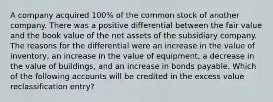 A company acquired 100% of the common stock of another company. There was a positive differential between the fair value and the book value of the net assets of the subsidiary company. The reasons for the differential were an increase in the value of inventory, an increase in the value of equipment, a decrease in the value of buildings, and an increase in bonds payable. Which of the following accounts will be credited in the excess value reclassification entry?