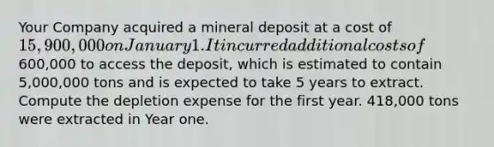 Your Company acquired a mineral deposit at a cost of 15,900,000 on January 1. It incurred additional costs of600,000 to access the deposit, which is estimated to contain 5,000,000 tons and is expected to take 5 years to extract. Compute the depletion expense for the first year. 418,000 tons were extracted in Year one.