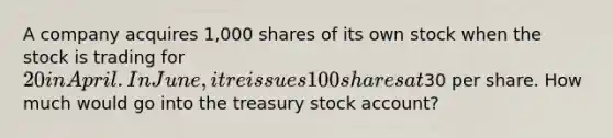 A company acquires 1,000 shares of its own stock when the stock is trading for 20 in April. In June, it reissues 100 shares at30 per share. How much would go into the treasury stock account?