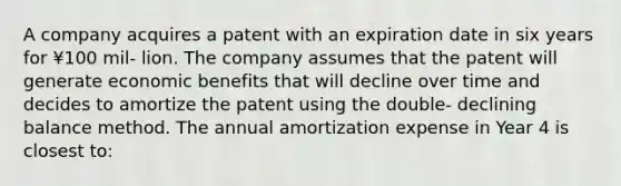 A company acquires a patent with an expiration date in six years for ¥100 mil- lion. The company assumes that the patent will generate economic benefits that will decline over time and decides to amortize the patent using the double- declining balance method. The annual amortization expense in Year 4 is closest to: