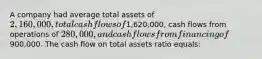 A company had average total assets of 2,160,000, total cash flows of1,620,000, cash flows from operations of 280,000, and cash flows from financing of900,000. The cash flow on total assets ratio equals: