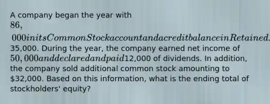 A company began the year with 86,000 in its Common Stock account and a credit balance in Retained Earnings of35,000. During the year, the company earned net income of 50,000 and declared and paid12,000 of dividends. In addition, the company sold additional common stock amounting to 32,000. Based on this information, what is the ending total of stockholders' equity?