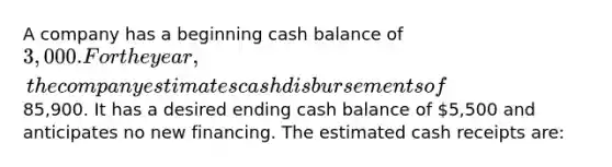 A company has a beginning cash balance of 3,000. For the year, the company estimates cash disbursements of85,900. It has a desired ending cash balance of 5,500 and anticipates no new financing. The estimated cash receipts are: