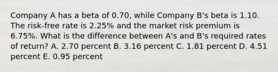 Company A has a beta of 0.70, while Company B's beta is 1.10. The risk-free rate is 2.25% and the market risk premium is 6.75%. What is the difference between A's and B's required rates of return? A. 2.70 percent B. 3.16 percent C. 1.81 percent D. 4.51 percent E. 0.95 percent