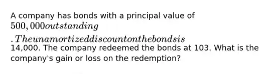 A company has bonds with a principal value of 500,000 outstanding. The unamortized dis<a href='https://www.questionai.com/knowledge/kIt7oUhyhX-count-on' class='anchor-knowledge'>count on</a> the bonds is14,000. The company redeemed the bonds at 103. What is the company's gain or loss on the redemption?