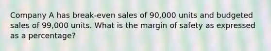 Company A has break-even sales of 90,000 units and budgeted sales of 99,000 units. What is the margin of safety as expressed as a percentage?