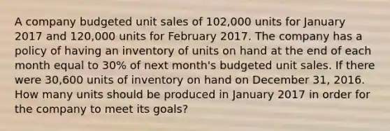 A company budgeted unit sales of 102,000 units for January 2017 and 120,000 units for February 2017. The company has a policy of having an inventory of units on hand at the end of each month equal to 30% of next month's budgeted unit sales. If there were 30,600 units of inventory on hand on December 31, 2016. How many units should be produced in January 2017 in order for the company to meet its goals?