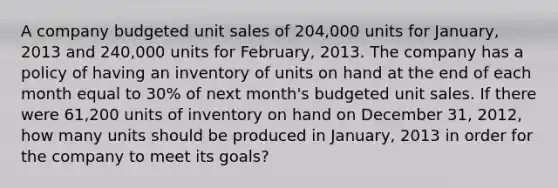 A company budgeted unit sales of 204,000 units for January, 2013 and 240,000 units for February, 2013. The company has a policy of having an inventory of units on hand at the end of each month equal to 30% of next month's budgeted unit sales. If there were 61,200 units of inventory on hand on December 31, 2012, how many units should be produced in January, 2013 in order for the company to meet its goals?